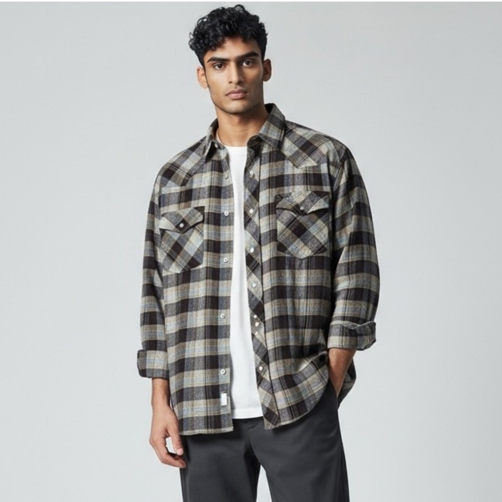 Wrangler Mens Flannel Shirt L/G Brown‎ Blue Plaid Western Button Down Cotton